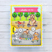 Sunny Studio I wheelie Like You Animals on Scooters & Skateboards Reveal Wheel Interactive Card (using Critters on the Go Clear Stamps)
