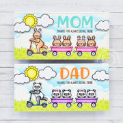 Sunny Studio Bunny & Bear Riding Scooter Pulling Babies Mother's Father's Day Slimline Cards (using Critters on the Go Clear Stamps)