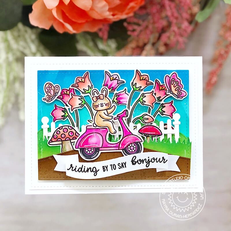 Sunny Studio Stamps Riding By To Say Bonjour Bunny on Hot Pink Scooter Spring Card (using Scalloped Fence Cutting Dies)