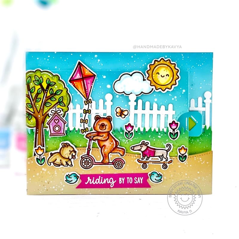 Sunny Studio Riding By To Say Happy Birthday Bear & Dogs on Scooter & Skateboard Card (using Critters on the Go Clear Stamps)