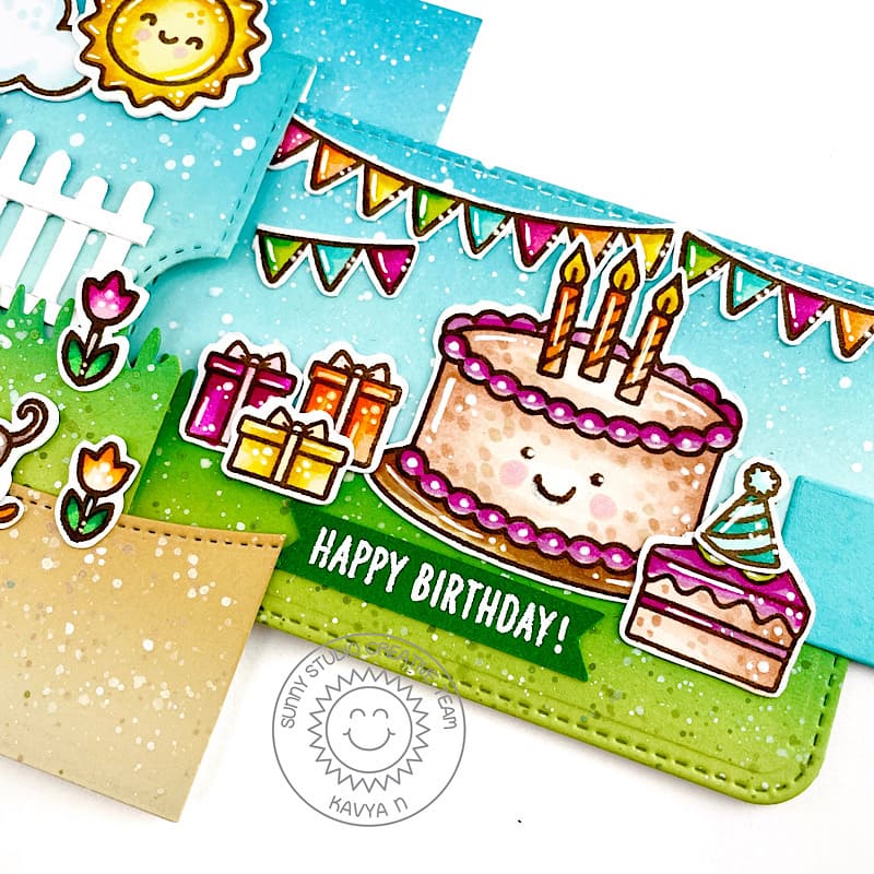 Sunny Studio Stamps Birthday Cake with Slice Party Themed Card (using Make A Wish 2x3 Mini Clear Stamps)