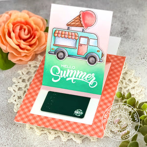 Sunny Studio Stamps Hello Summer Ice Cream Truck Interactive Pop-up Handmade Card with Hidden Gift Card (using Sliding Window Metal Cutting Dies)