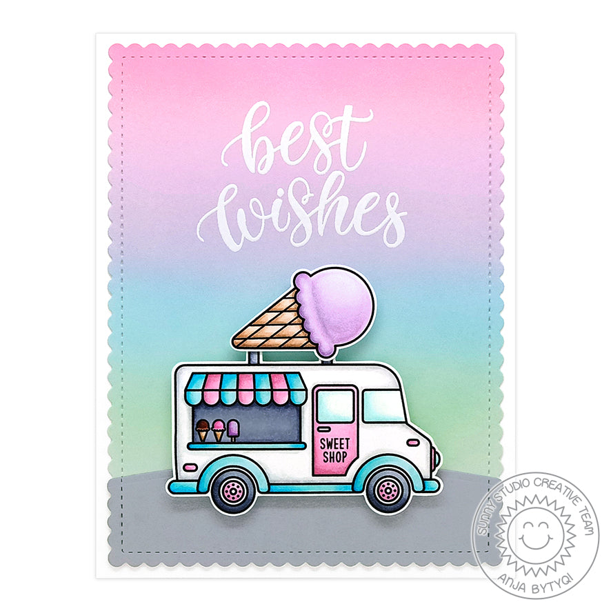 Sunny Studio Best Wishes Pastel Rainbow Sherbet Ice Cream Truck Handmade Card using Cruisin' Cuisine 4x6 Clear Stamps