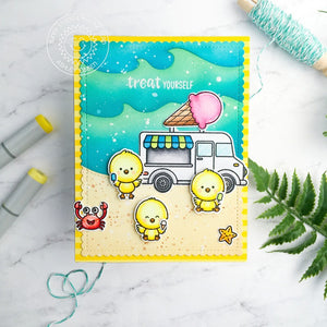 Sunny Studio Stamps Treat Yourself Chicks with Ice Cream Truck Scalloped Handmade Card (using Frilly Frames Stripes Background Backdrop Metal Cutting Dies)