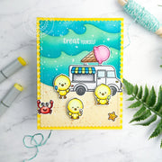 Sunny Studio Chicks Eating Popsicle & Ice Cream Cone Summer Treats Beach Food Truck Card using Cruisin' Cruisine Clear Stamps