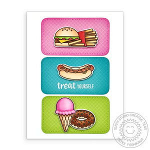 Sunny Studio Treat Yourself Hamburger, Cheeseburger, Fries, Hotdog, Donut & Ice Cream Card using Cruisin' Cuisine Clear Stamp
