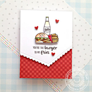 Sunny Studio Punny Cheeseburger, French Fries & Soda Pop Red Gingham Card using Cruisin' Cuisine Food Truck 4x6 Clear Stamps