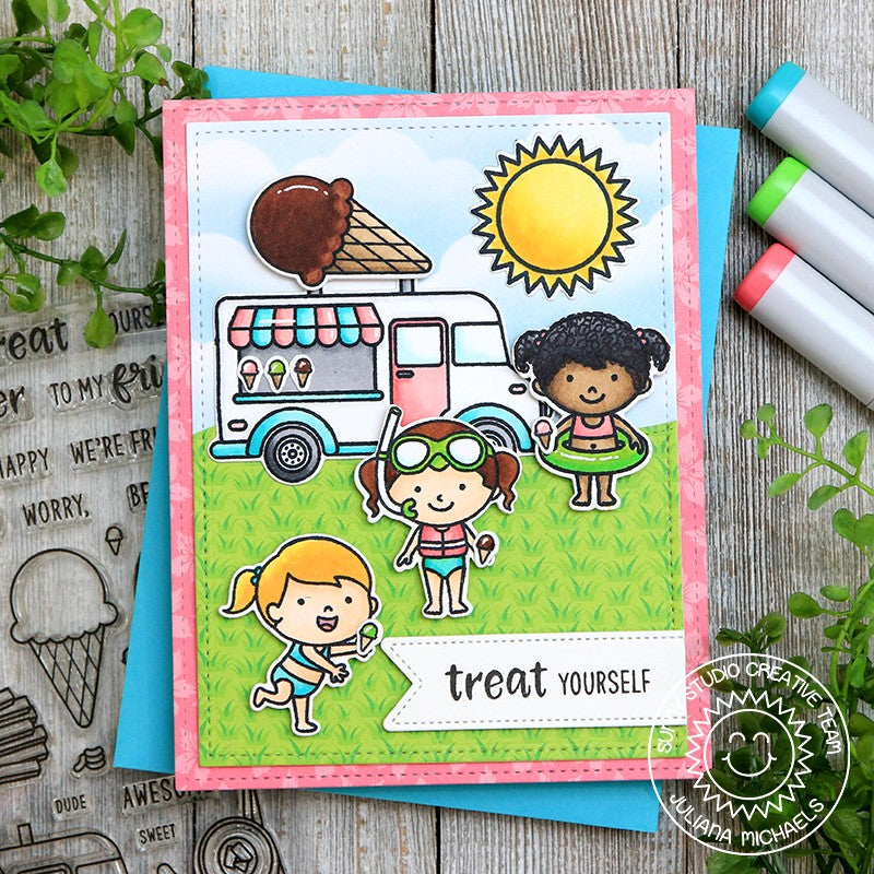 Sunny Studio Treat Yourself Kids With Ice Cream Cones & Popsicles Summer Card using Cruisin' Cuisine Food Truck Clear Stamps