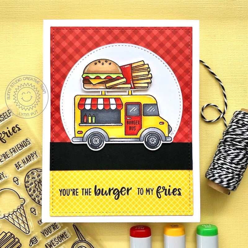 Sunny Studio Hamburger & Fries Burger Bus Food Truck Punny Love Themed Card using Cruisin' Cuisine Clear Photopolymer Stamps