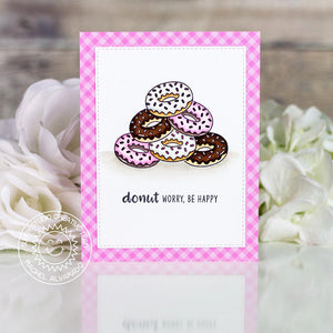 Sunny Studio Donut Worry, Be Happy Pink Gingham Chocolate Doughnut Punny Card using Cruisin' Cuisine Clear Photopolymer Stamp
