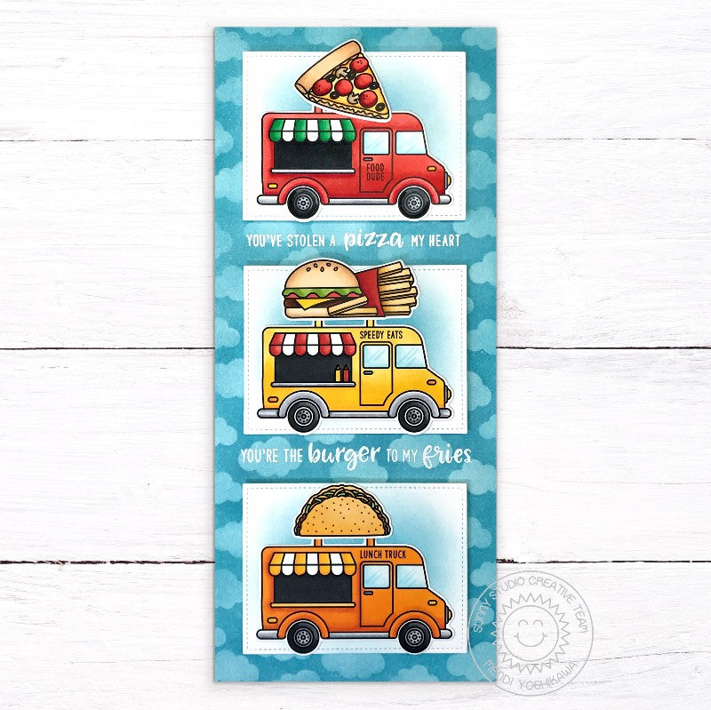 Sunny Studio Punny Pizza & Hamburger Food Truck Handmade Slimline Card using Cruisin' Cuisine 4x6 Clear Photopolymer Stamps