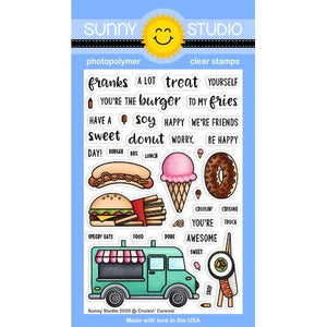 Sunny Studio Cruisin' Cuisine Hot Dot, Hamburger, Fries, Donut, Ice Cream & Sushi Food Truck Punny Puns 4x6 Clear Stamps