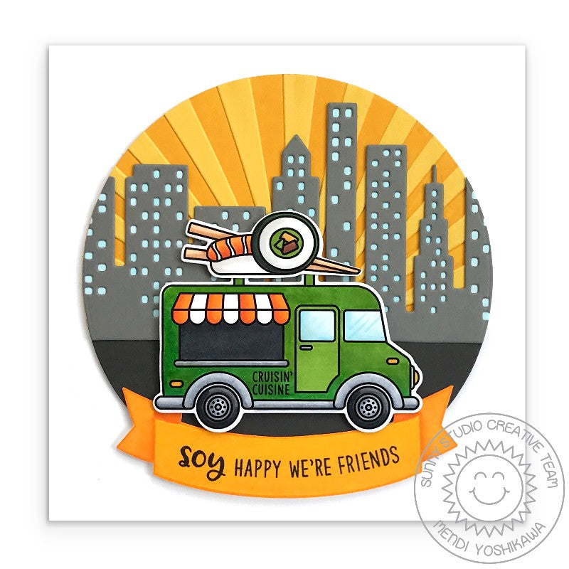 Sunny Studio Stamps Soy Happy We're Friends Sushi Food Truck Card with Embossed Sun Ray Background (using Sunburst 6x6 Embossing Folder)
