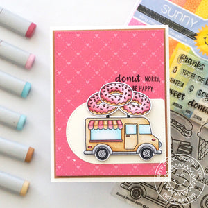 Sunny Studio Stamps Cruisin' Cuisine Donut Worry, Be Happy Food Truck Card by Mindy using Stitched Arch Metal Cutting Dies