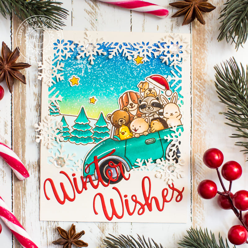 Sunny Studio Stamps Cruising Critters Animals in Car Holiday Christmas Card using Layered Snowflake Frame Craft Cutting die