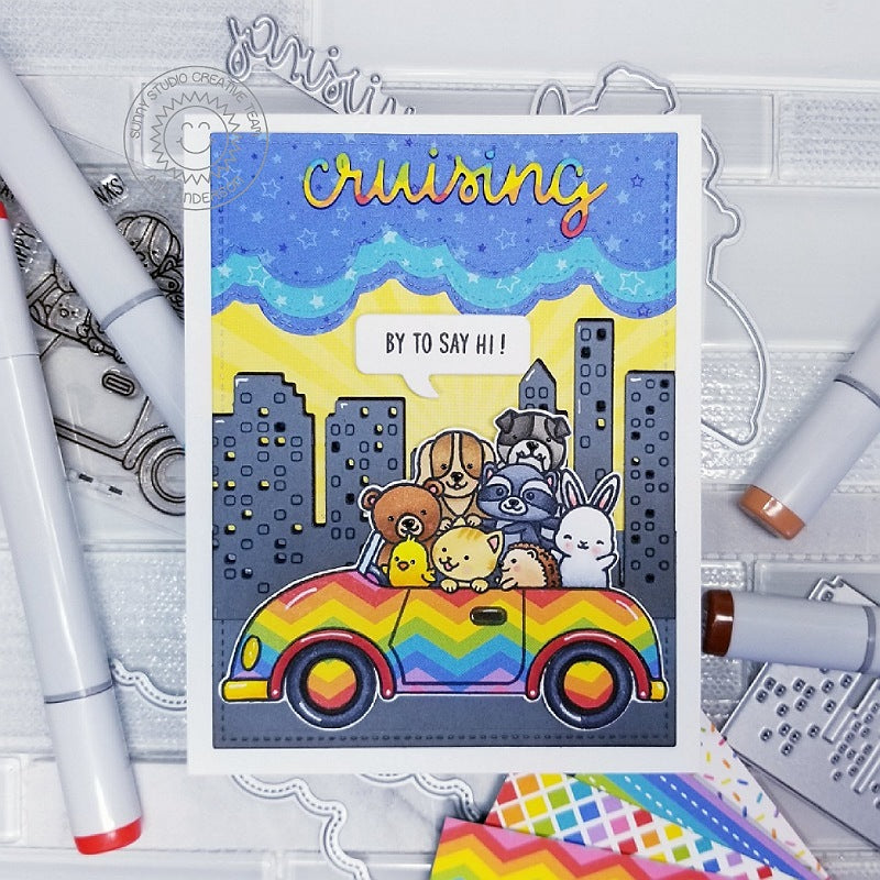 Sunny Studio Stamps Cruising By To Say Hi Critters in Rainbow Car Card (using Fluffy Clouds Border Dies)