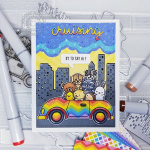 Sunny Studio Stamps Cruising By To Say Hi Critters in Rainbow Car Card (using Fluffy Clouds Border Dies)