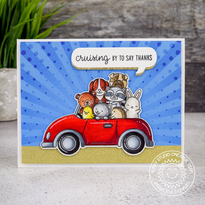 Sunny Studio Stamps Cruising Critters Animals Piled In Car Handmade Thank You Card by Angelica Conrad