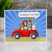 Sunny Studio Stamps Cruising By To Say Thanks Critters in Car Card (using Sunburst pattern from Heroic Halftones 6x6 Paper Pack)