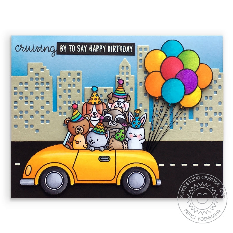 Sunny Studio Stamps "Cruising By To Say Happy Birthday" Card with Balloons & Party Hats Card (using Cityscape Border dies)