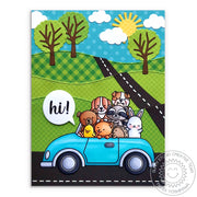 Sunn Studio Stamps Cruising Critters Hillside Car full of Critters Card by Mendi Yoshikawa