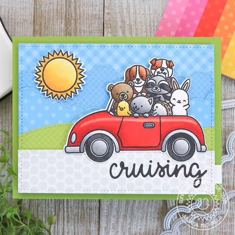 Sunny Studio Stamps Cruising Critters Animals Piled In Car Handmade Slider Card by Juliana Michaels
