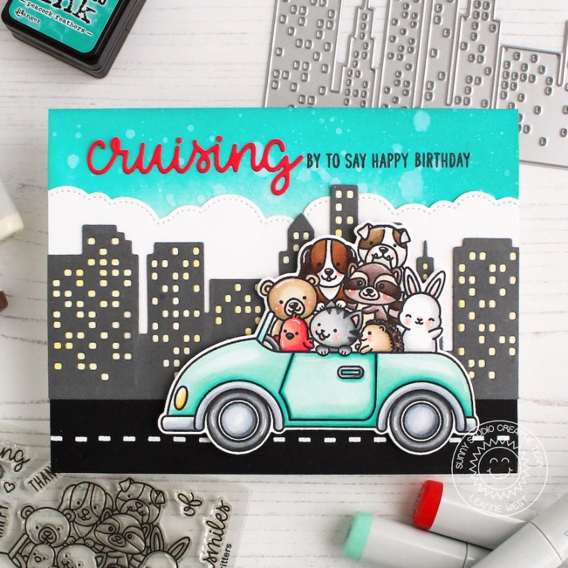 Sunny Studio Stamps Cruising Critters Animals in Car Driving through City Handmade Birthday Card by Leanne West