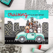 Sunny Studio Stamps Cruising Critters Animals in Car driving through City Birthday Card (using Cityscape Border die)