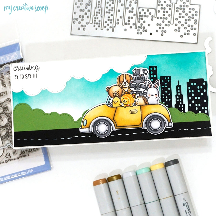 Sunny Studio Stamps Cruising Critters Animals in Car Handmade Card by Mindy Baxter using Cityscape City Buildings Border Die