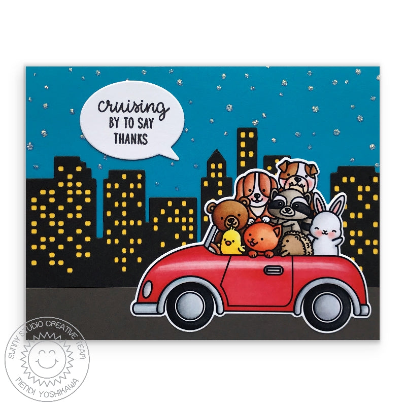 Sunny Studio Stamps Critters in Car Thank You Card (using Speech Bubble from Comic Strip Metal Cutting Dies)