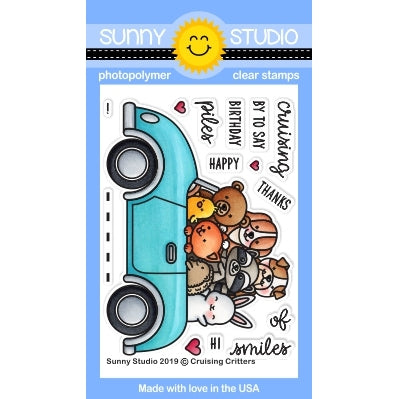 Sunny Studio Stamps Cruising Critters Retro Car with 8 Animals 3x4 Clear Photopolymer Stamp Set