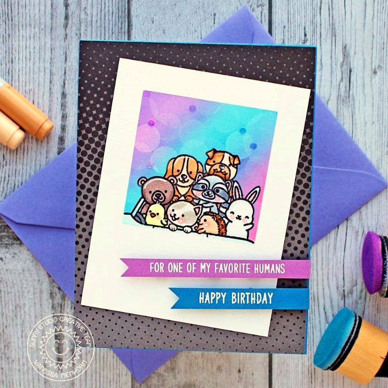 Sunny Studio Stamps Critters Birthday Card with Black Polka-dot Patterned Paper Background (using Heroic Halftones 6x6 Paper Pack)