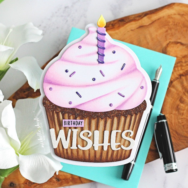 Sunny Studio Stamps Pink & Lavender Chocolate Cupcake Birthday Wishes Card (using Chloe Alphabet Metal Dies Set)