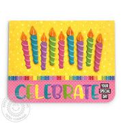 Sunny Studio Celebrate Your Special Day Rainbow Candles Birthday Card (using Chloe Alphabet Metal Cutting Dies)