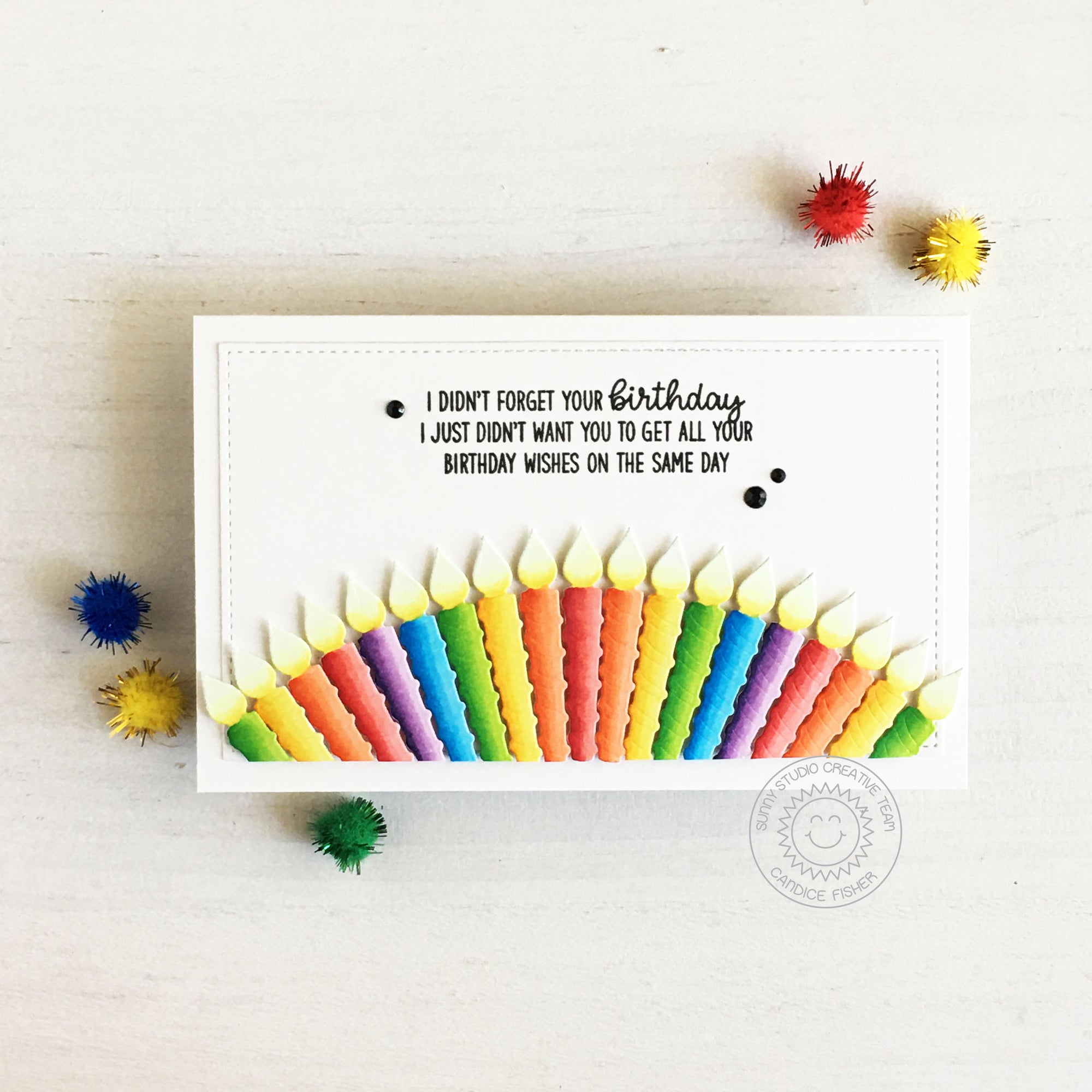 Sunny Studio Belated Birthday Rainbow Arched Candle Slimline Card (using Inside Greetings Birthday Clear Sentiment Stamps)