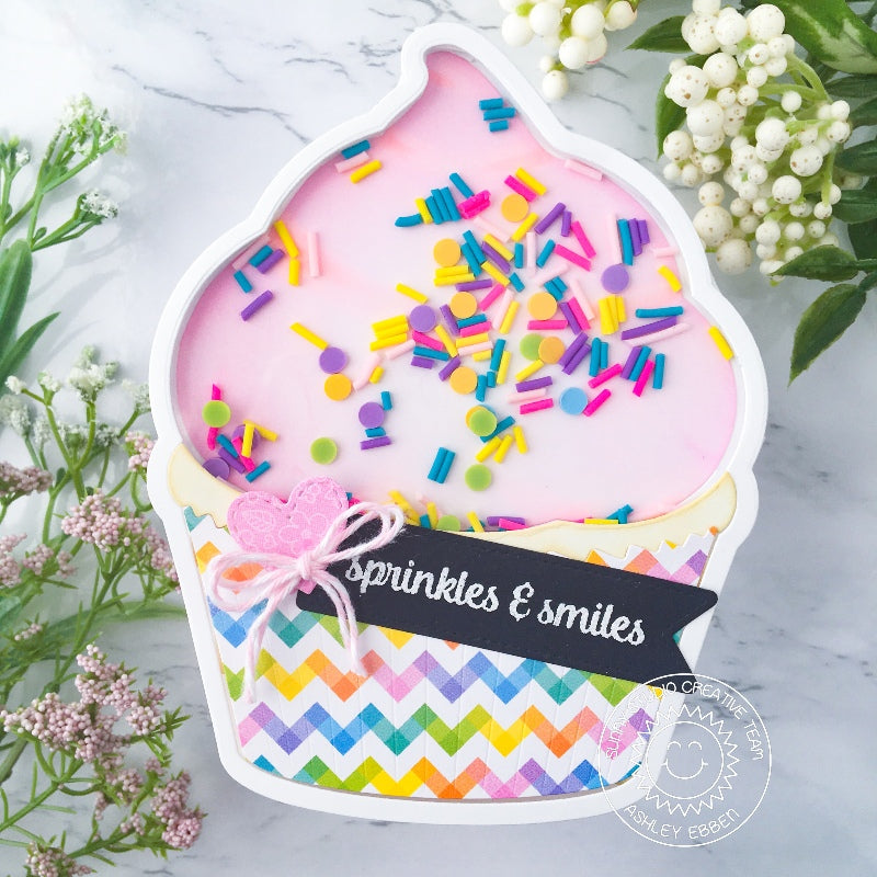 Sunny Studio Sprinkles & Smiles Colorful Birthday Cupcake Shaker Card (using Cupcake Shape Metal Cutting Dies)