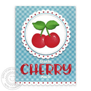 Sunny Studio Stamps Thanks Cherry Much Punny Cherries Blue Gingham Scalloped Card using Chloe Alphabet Metal Cutting Dies