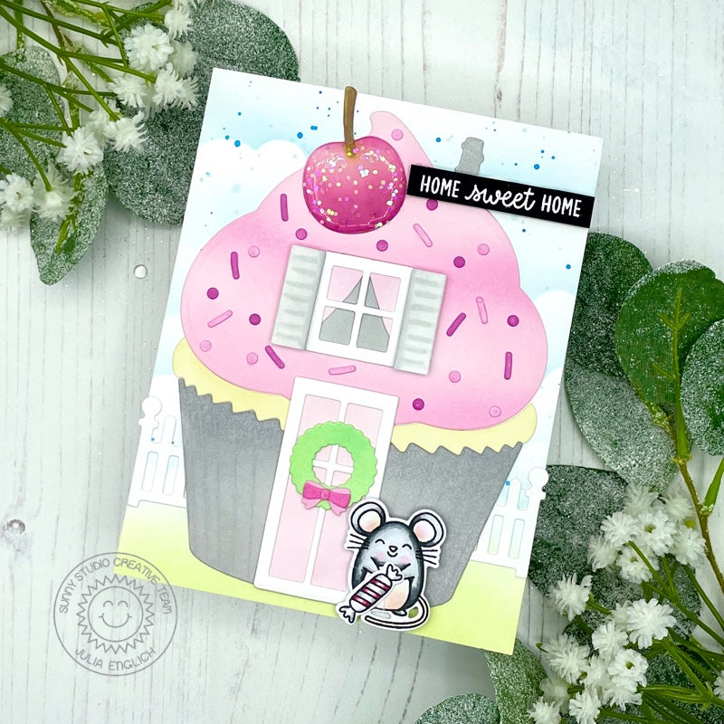 Sunny Studio Home Sweet Home Mouse with Pink Cupcake House & Cherry On Top Card (using Harvest Mice Clear Stamps)