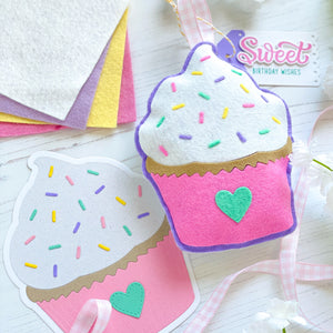Sunny Studio Pink Felt Cupcake Plushies with Sweet Birthday Wishes Gift Tag (using Cupcake Shape Metal Cutting Dies)