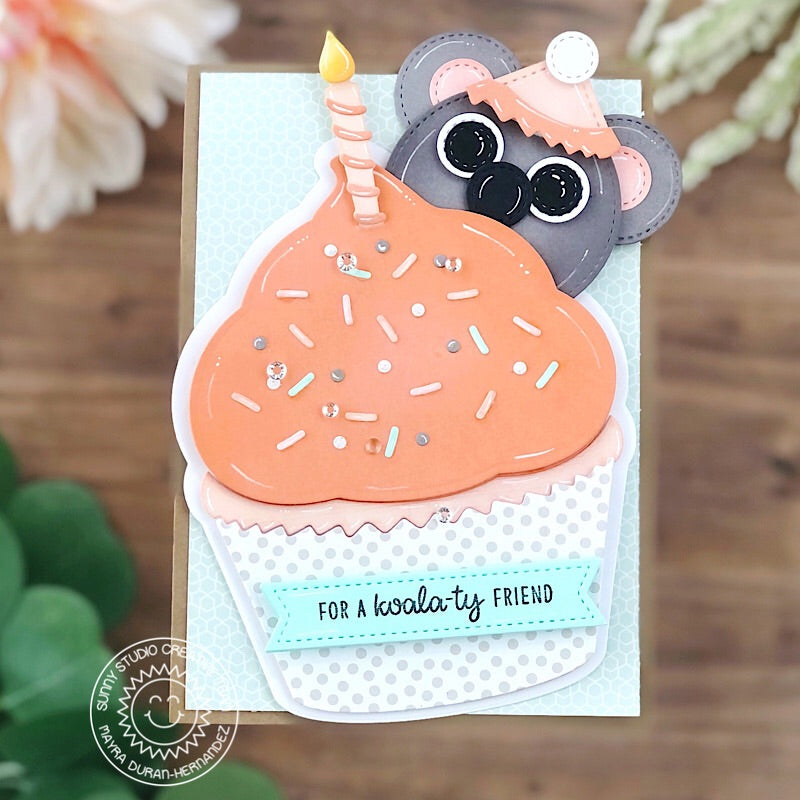 Sunny Studio Stamps Peach Cupcake with Peeking Koala Punny Card (using Cupcake Shape Metal Cutting Dies)