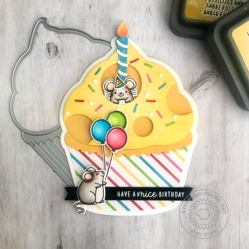 Sunny Studio Stamps Mouse with Cheese Cake Birthday Themed Card (using Cupcake Shape A2 Sized Metal Cutting Dies)