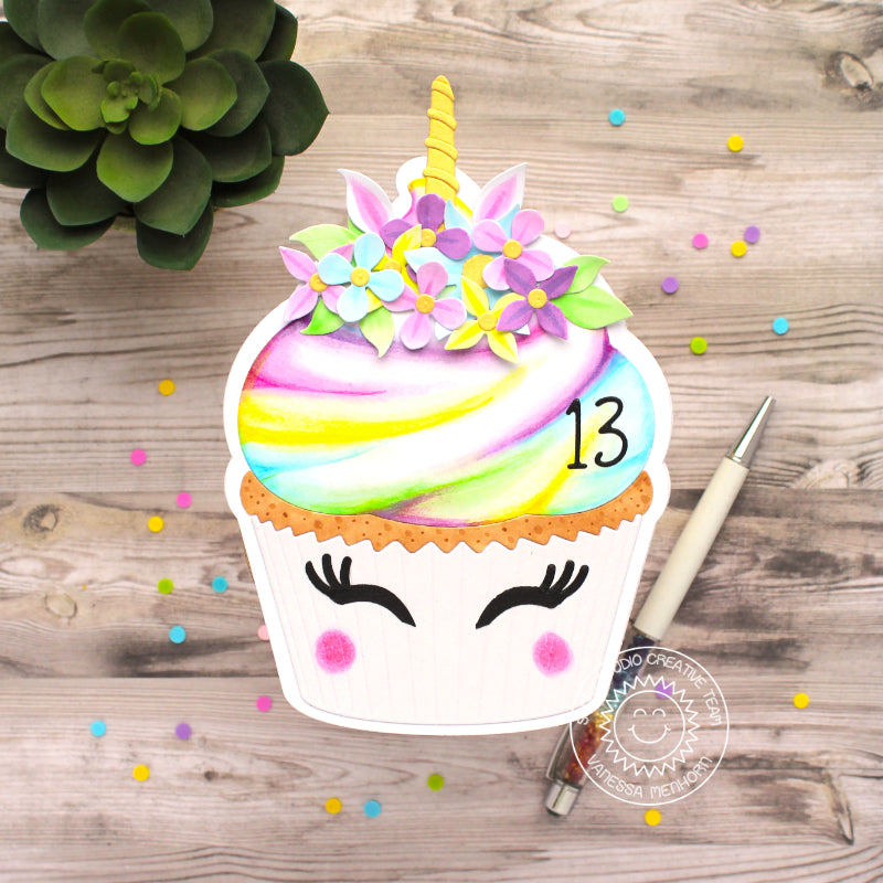Sunny Studio Stamps Unicorn Themed 13th Birthday Card (using Cupcake Shape Metal Cutting Dies)