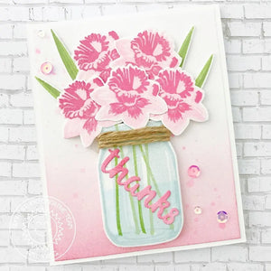 Sunny Studio Pink Flowers Floral Arrangement in Vintage Jar Thank You Card (using Daffodil Dreams 4x6 Clear Layering Stamps)