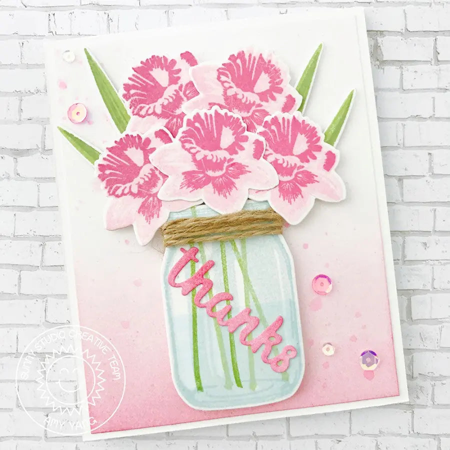 Sunny Studio Pink Daffodil Dreams Layered Flower Thank You Card by Amy Yang (using Vintage Jar stamps)