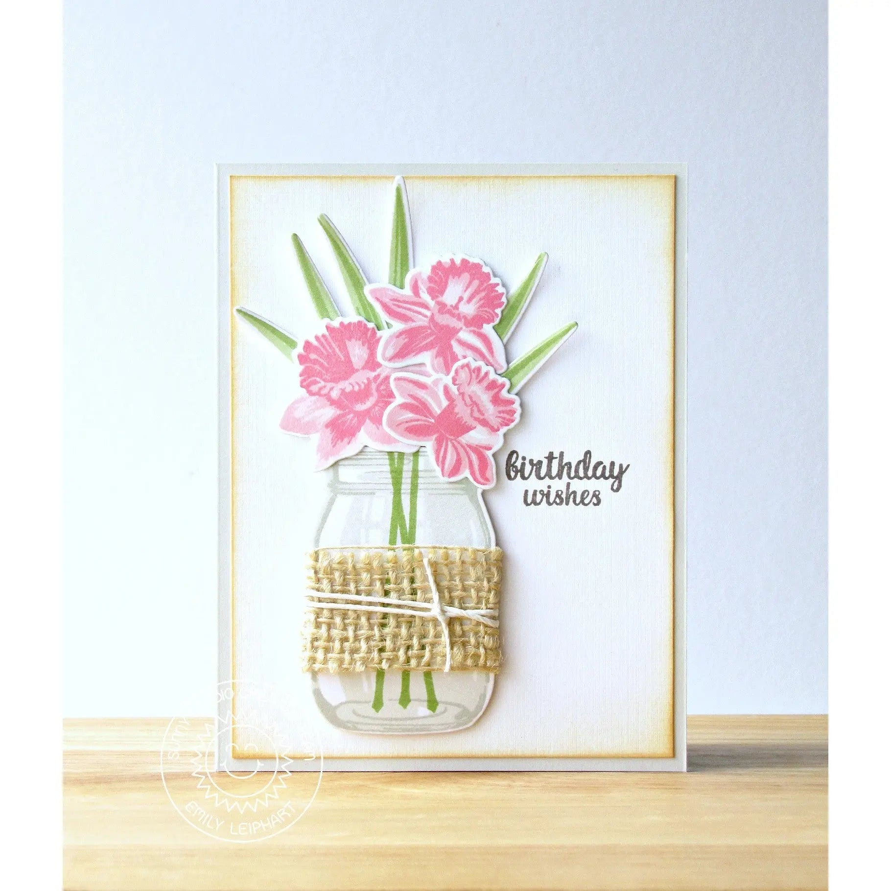 Sunny Studio Pink Floral Flowers in Vintage Jar Wrapped In Burlap Birthday Card (using Daffodil Dreams Clear Layering Stamps)