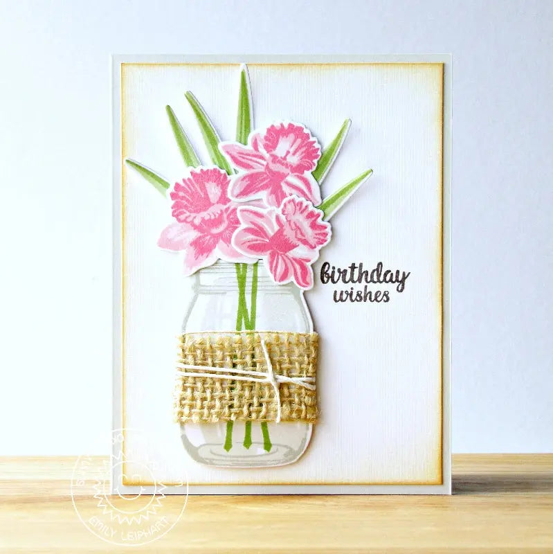 Sunny Studio Happy Birthday Layered Flowers In Jar with Burlap wrap Card by Emiy Leiphart (using Vintage Jar stamps)