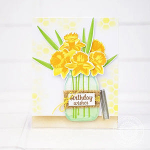 Sunny Studio Daffodil Flower Arrangement in Vintage Canning Jar Birthday Card (using Daffodil Dreams Clear Layering Stamps)