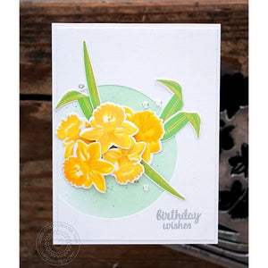 Sunny Studio Daffodils Floral Arrangement With Circle Frame Spring Birthday Card using Daffodil Dreams Clear Layering Stamps