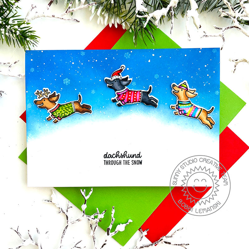 Sunny Studio Dashing Through the Snow Dogs Wearing Sweaters Holiday Christmas Card (using Dashing Dachshund Stamps)