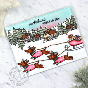Sunny Studio Dachshund Through the Snow Dogs Pulling Sleigh Holiday Christmas Card using Dashing Dachshund 2x3 Clear Stamps